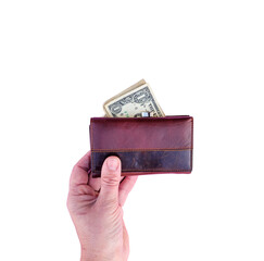 woman hand holds wallet with United States dollar paper money on white isolated background