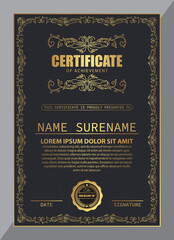 Naklejka premium Certificate Design. Diploma currency border template. Dark colored gift voucher award background