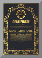 Certificate Design. Diploma currency border template. Dark colored gift voucher award background