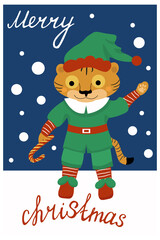 A tiger in a Dwarf Costume . New Year 's illustration on a blue background . handwritten lettering merry Christmas . Wild red cat is a symbol of the new year in a green outfit . Blank for postcards 