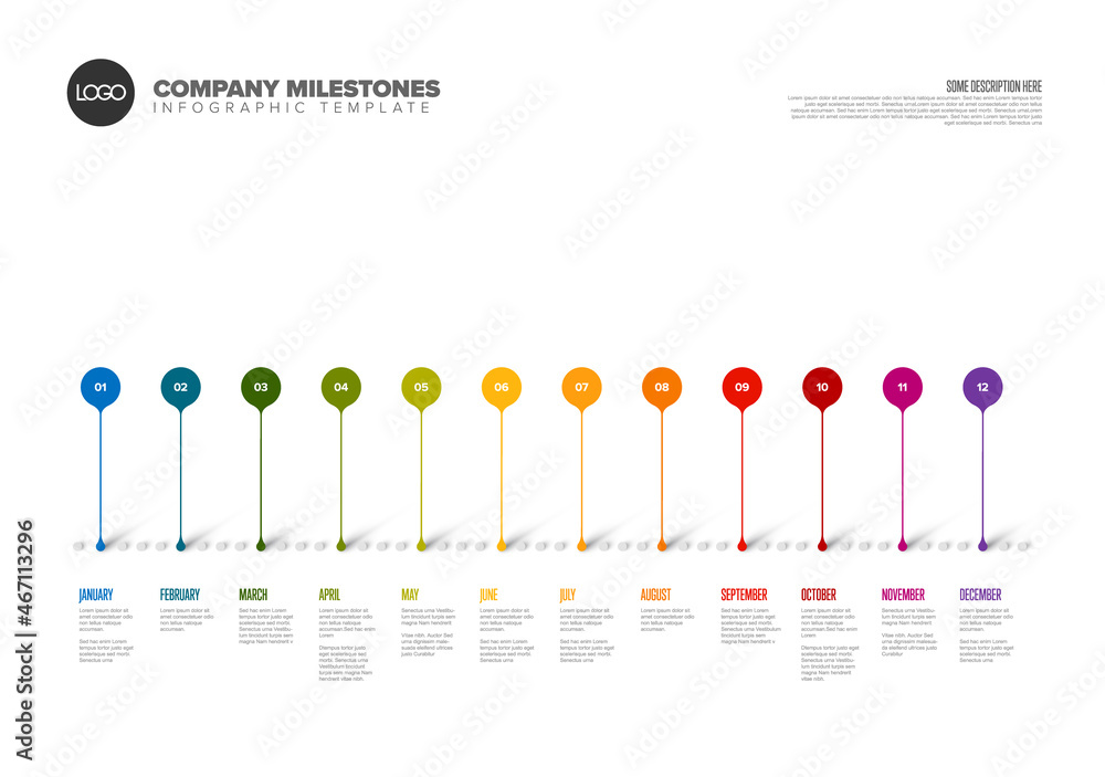 Poster infographic full year timeline template made from color droplet pointers