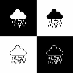 Set Storm icon isolated on black and white background. Cloud and lightning sign. Weather icon of storm. Vector