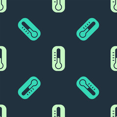 Green and beige Meteorology thermometer measuring icon isolated seamless pattern on blue background. Thermometer equipment showing hot or cold weather. Vector