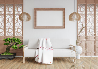 3D illustration Mockup photo frame in living room rendering