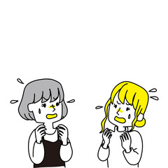 上を見て慌てている二人の女性