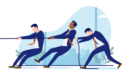 Business teamwork - Team of diverse businessmen pulling rope and working together. Flat design vector on white background - obrazy, fototapety, plakaty