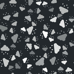 Grey Cloud with rain icon isolated seamless pattern on black background. Rain cloud precipitation with rain drops. Vector
