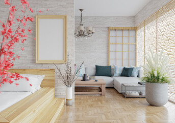 3D illustration Mockup photo frame in bedroom rendering