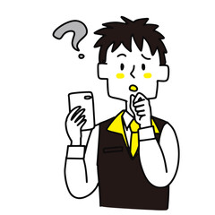 スマホを見ながら疑問を感じている家電量販店の店員