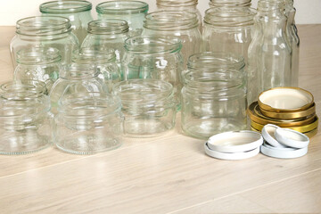 Glass jars for sterilization and preparing homemade fermented food.