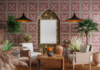 3D illustration Mockup photo frame in lounge rendering