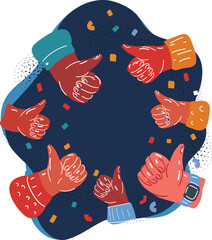 Vector illustration of hand showing thumbs up button over dark backround.