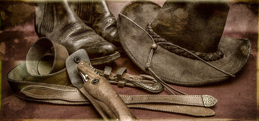 photo ancienne, bottes,chapeau,ceinture et couteau dans étui de cuir - obrazy, fototapety, plakaty