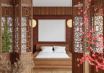 3D illustration Mockup photo frame in bedroom rendering