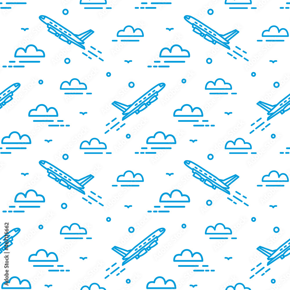 Poster modern seamless pattern with airplane flying in sky. backdrop with plane ascending among clouds draw