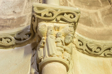 Church of San Juan de Amandi, Villaviciosa, Asturias. Sandstone capital representing Mary, Joseph...