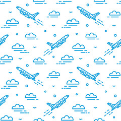 Modern seamless pattern with airplane flying in sky. Backdrop with plane ascending among clouds drawn with lines. Vector illustration in lineart style for wallpaper, wrapping paper, textile print.