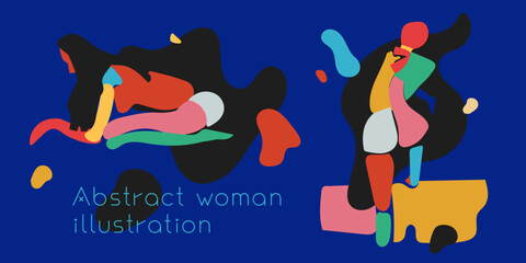 Abstract woman drawing. Naked surreal body illustration. Avant-garde abstract female body. Minimalist silhouette girl. Colored extraordinary flat vector artwork. Trendy pop art artwork. Bright toned.