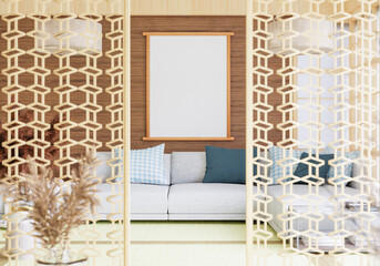 3D illustration Mockup photo frame in lounge rendering