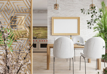 3D illustration Mockup photo frame in dining room rendering