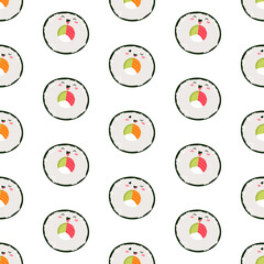 Vector seamless pattern with rolls and sushi. Cute design for fabric, paper, wallpaper.