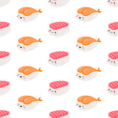 Vector seamless pattern with rolls and sushi. Cute design for fabric, paper, wallpaper.