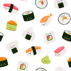 Vector seamless pattern with rolls and sushi. Cute design for fabric, paper, wallpaper. - 467116022