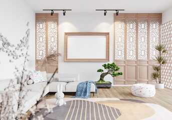 3D illustration Mockup photo frame in lounge rendering