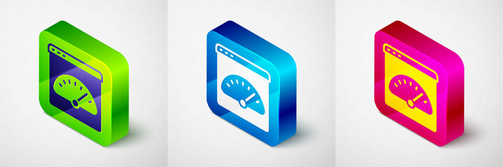 Isometric Digital speed meter icon isolated on grey background. Global network high speed connection data rate technology. Square button. Vector