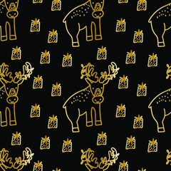 Seamless vector pattern with Christmas cute illustrations of reindeer golden line on black background.Winter,holiday print in doodle style hand drawn.Designs for textile,wrapping paper,scrapbooking.