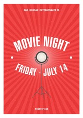 Modern poster, placard or invitation template for movie night or motion picture demonstration with glowing spotlight standing on tripod. Vector illustration for cinematography event advertisement
