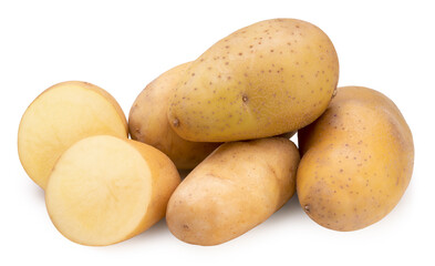 Fresh potatoes and sliced isolated on white background, Potato on white background With clipping path.