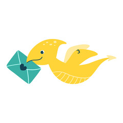 Cute dinosaur is flying with an envelope. Character isolated on white background. Vector illustration