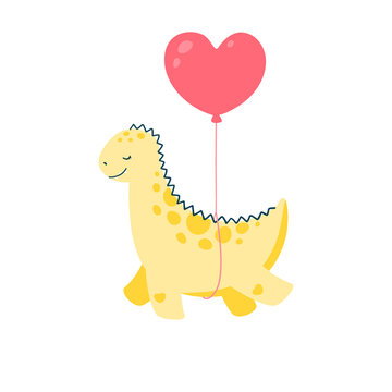 Cute dinosaur. Flies in a hot air balloon. Character isolated on white background. Vector illustration
