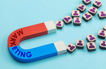 Marketing is a magnet for customers. A large magnet attracts leads on blue background