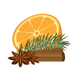 Half an orange, cinnamon sticks, anis illustration and a pine branch, Christmas spices, winter decoration