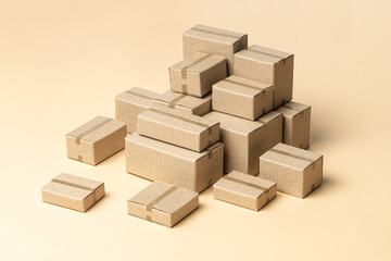 Heap cardboard boxes on a brown background