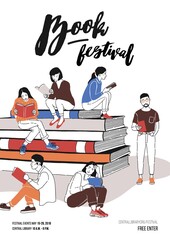 Group of young people dressed in trendy clothing sitting on pile of giant books or beside it and reading. Colored vector illustration for literary or writers festival advertisement, promotion