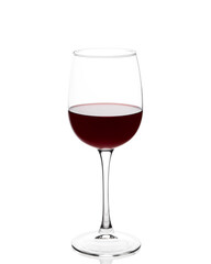 Red wine in a glass. Glass with red wine on a white background. The glass is covered with condensation from cold wine.