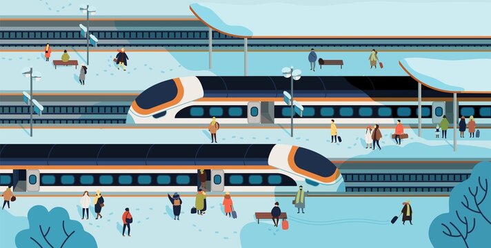 Modern high speed trains stopped at railway station and people standing and walking on platform covered by snow. Passenger rail transport, railroad transportation. Colorful flat vector illustration