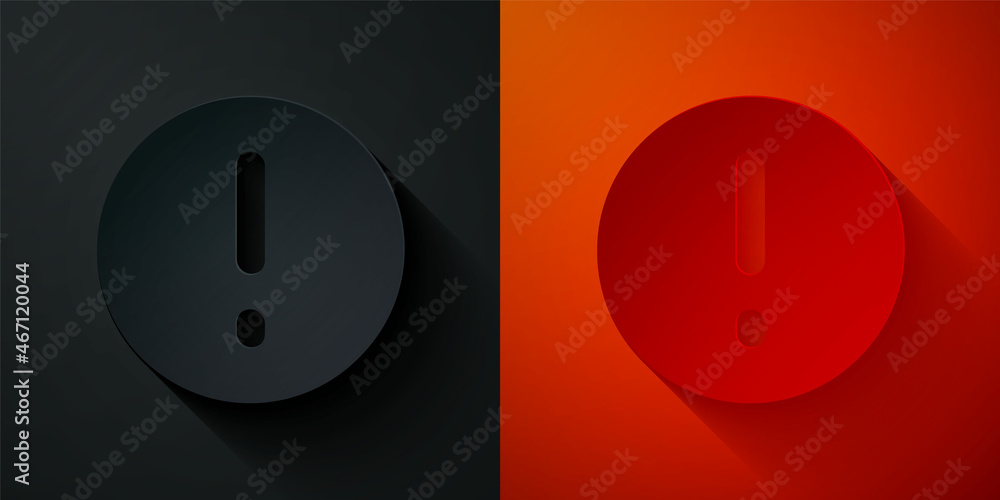Poster paper cut speech bubble and exclamation icon isolated on black and red background. faq sign. copy fi