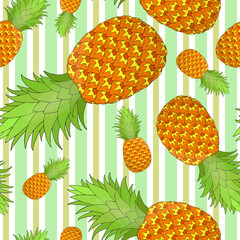 Pineapple seamless pattern on striped background. Tropical fruit repeating endless texture. Yummy boundless background. Food surface pattern design. Editable tile for textile or stationery