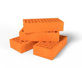 3d render illustration clay bricks isolated on white background. Realistic new red perforated ceramic bricks for industrial design. Clay bricks for house and wall construction. Building materials.