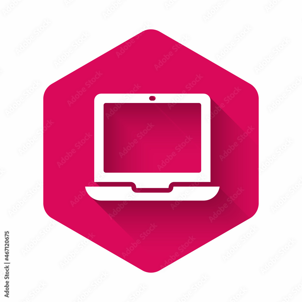 Poster white laptop icon isolated with long shadow background. computer notebook with empty screen sign. pi