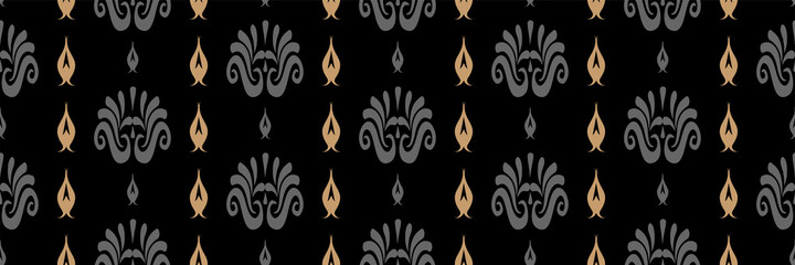 Abstract backgrounds pattern with decorative elements on a black background in African style. Seamless pattern, texture.