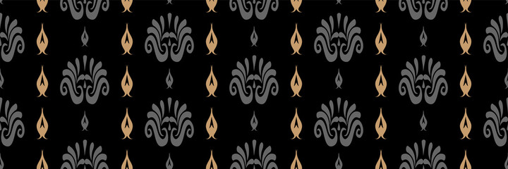 Abstract backgrounds pattern with decorative elements on a black background in African style. Seamless pattern, texture.