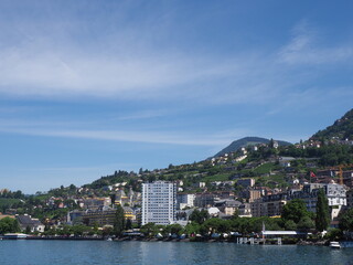 View of Lake Geneva and Montreux city in Switzerland