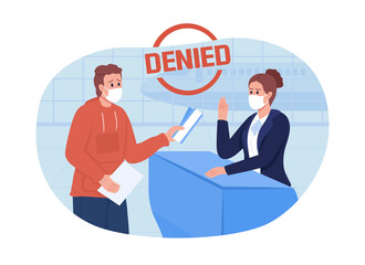 Denied for travel during covid 2D vector isolated illustration. People in face masks in airport flat characters on cartoon background. Pandemic healthcare precaution colourful scene