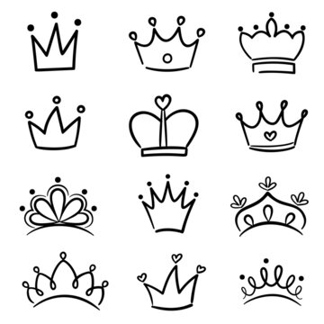 A set of simple hand drawn illustrations of crowns, with lines present and no background.
