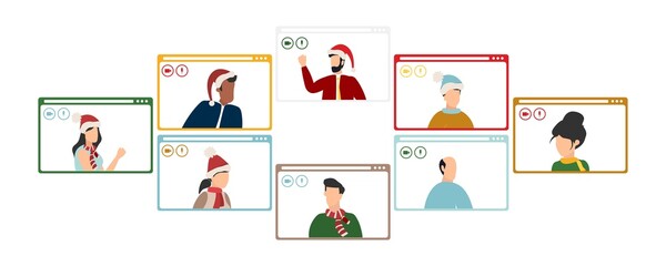 People wishing Merry Christmas and Happy New Year, celebrating holiday and giving gifts via video call or web conference in 2022. Flat vector illustration for web, banner, poster
